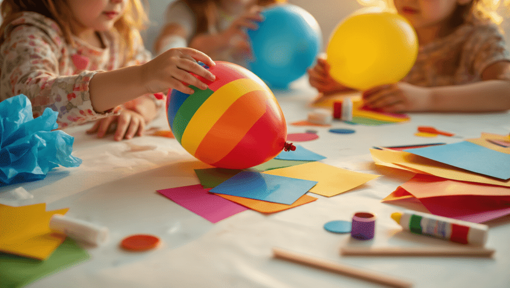 Balloons Over Broadway: How to Create Magical Parade Balloon Designs That'll Make Your Kids' Eyes Pop Children's hands decorating vibrant balloons with construction paper cutouts and ribbons on a clean white craft table, illuminated by soft golden hour lighting, showcasing colorful textures and a cozy crafting atmosphere.