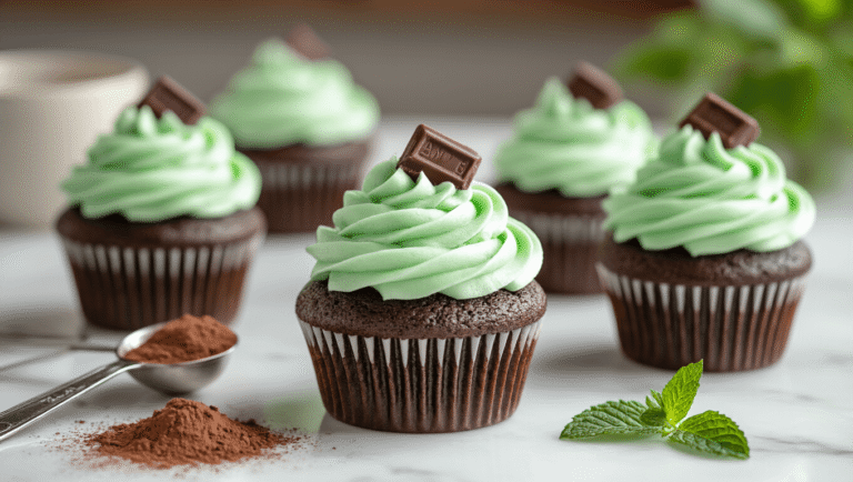 Chocolate Mint Cupcakes: The Recipe That'll Make You Look Like a Baking Genius Cinematic close-up of chocolate mint cupcakes with green buttercream frosting and Andes mints, surrounded by cocoa powder and fresh mint leaves on a marble countertop.