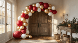 Christmas Balloons: How I Transform Holiday Spaces Without Breaking the Bank (Or My Sanity) Cinematic wide-angle shot of an elegant Christmas balloon arch in warm golden hour light, featuring red, champagne gold, and pearl white balloons over a rustic wooden doorway, with a vintage console table decorated with pine cones and evergreen sprigs.