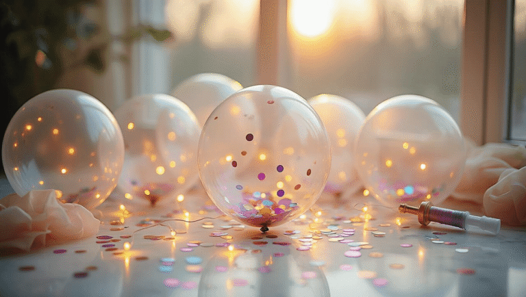 Clear Balloons: Everything You Need to Know About These Party Game-Changers Cinematic close-up of elegant clear balloons with iridescent confetti, illuminated by soft natural light on a white marble surface, featuring delicate LED lights and pastel paper confetti, capturing a festive atmosphere with a shallow depth of field.