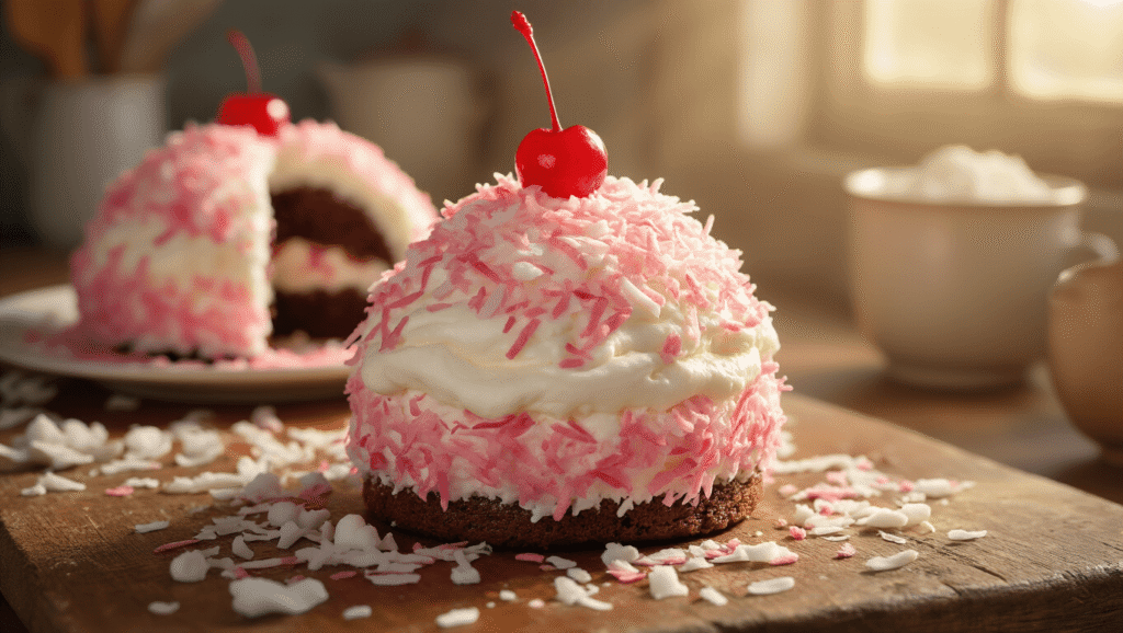 Coconut Snowball Cake: The Pink-Tinted Retro Dessert That'll Transport You Back to Childhood Close-up of a Coconut Snowball Cake coated in pink shredded coconut, showcasing chocolate cake layers and creamy marshmallow frosting, garnished with a maraschino cherry, on a rustic wooden surface with scattered coconut flakes in warm golden light.