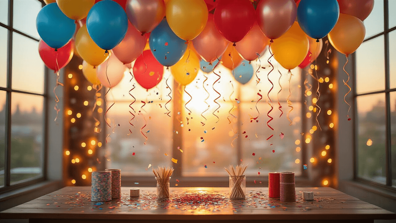 Cinematic wide shot of an elegant party setup with vibrant confetti-filled balloons in electric blue, sunshine yellow, cherry red, and rose gold, illuminated by warm golden hour lighting through tall windows, with close-up textures of shimmering confetti inside translucent balloons and a rustic wooden table displaying balloon garland kit components.