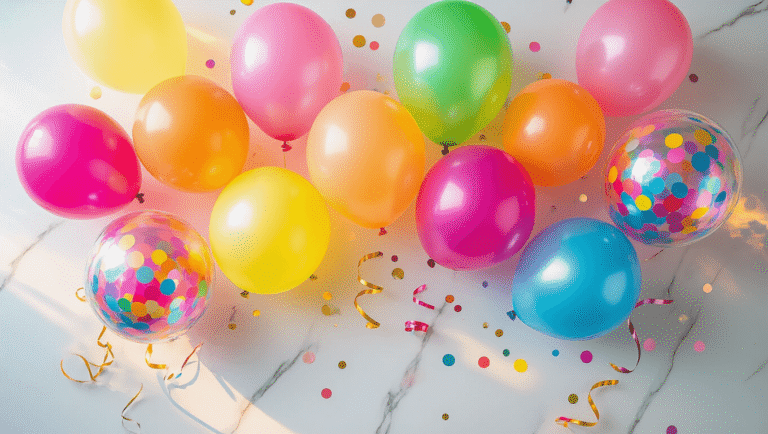 Colorful Balloons That'll Make Your Next Party Absolutely Unforgettable Cinematic overhead shot of a vibrant arrangement of colorful party balloons on a white marble surface, featuring latex and foil balloons in rainbow hues, multicolor confetti balloons with floating tissue dots, and scattered metallic ribbons, all illuminated by warm ambient lighting that enhances the festive atmosphere.