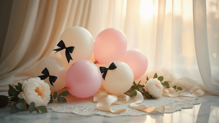 Coquette Balloons: Everything You Need to Know About This Romantic Party Trend Cinematic close-up of coquette balloon arrangement featuring pink and white balloons with black satin bows, flowing ribbons, and floral accents, bathed in warm golden hour light with a soft, dreamy background.