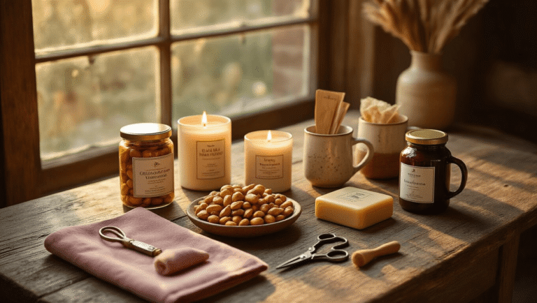 Mini Gift Ideas That'll Make You Look Like a Thoughtful Genius (Without Breaking the Bank) Cinematic overhead view of a curated mini gift collection on a weathered wooden table, featuring honey roasted peanuts, vanilla scented candles, gua sha tools, decorative ceramic mugs with hot chocolate, herb scissors, artisan marinara, and lemon soap, illuminated by warm golden hour light.