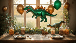 Dinosaur Balloons That'll Make Your Party Roar (Without the Mess) Cinematic overhead view of a vibrant dinosaur-themed party table adorned with foil T-Rex and Stegosaurus balloons in emerald green, chocolate brown, and metallic gold, alongside latex balloon clusters, on a rustic wooden table with a kraft paper runner, ceramic dinosaur figurines, and eucalyptus garland, all illuminated by warm golden hour lighting.
