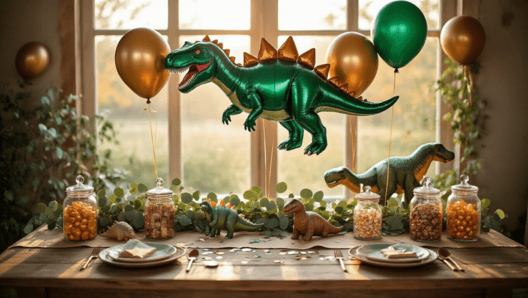 Dinosaur Balloons That'll Make Your Party Roar (Without the Mess) Cinematic overhead view of a vibrant dinosaur-themed party table adorned with foil T-Rex and Stegosaurus balloons in emerald green, chocolate brown, and metallic gold, alongside latex balloon clusters, on a rustic wooden table with a kraft paper runner, ceramic dinosaur figurines, and eucalyptus garland, all illuminated by warm golden hour lighting.