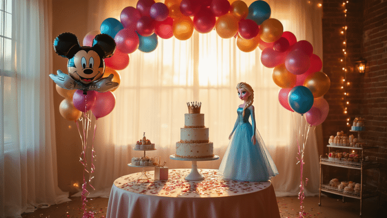 Disney Balloons: The Complete Guide to Magical Party Decorations That Won't Break the Bank Enchanting Disney balloon display in warmly lit party room, featuring Mickey Mouse and Princess balloons, vibrant jewel-toned latex balloons, a three-tiered birthday cake, and twinkling fairy lights, creating a magical celebration atmosphere.