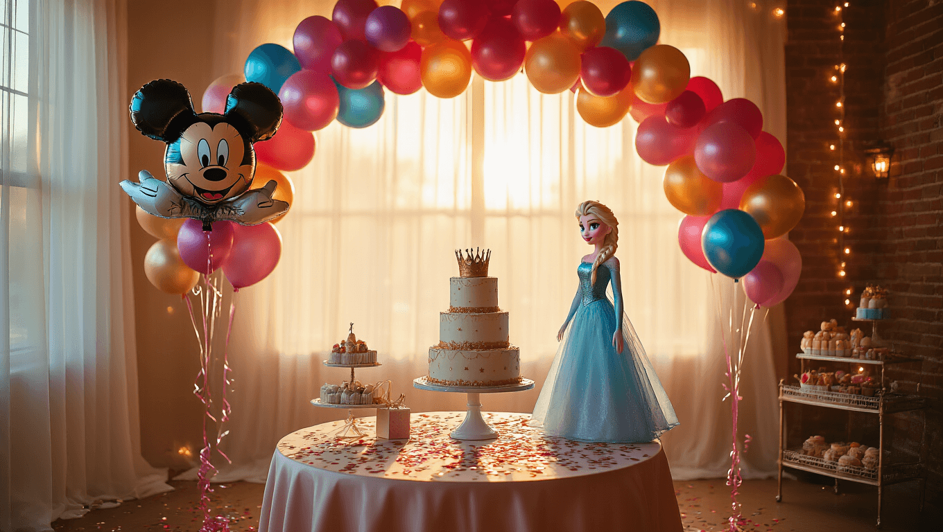 Enchanting Disney balloon display in warmly lit party room, featuring Mickey Mouse and Princess balloons, vibrant jewel-toned latex balloons, a three-tiered birthday cake, and twinkling fairy lights, creating a magical celebration atmosphere.