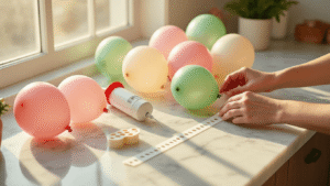 DIY Party Balloons: Your Complete Guide to Stunning Decorations Without Breaking the Bank Cinematic close-up of DIY balloon supplies on a marble countertop, featuring an electric pump, colorful latex balloons, a clear decorating strip, glue dots, and Command hooks, all illuminated by warm golden hour lighting, with hands preparing a partially completed balloon garland.