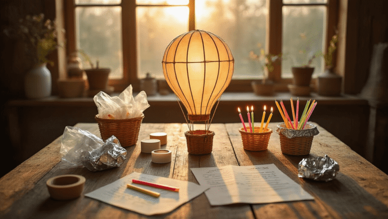 How to Make DIY Hot Air Balloons That Actually Fly (Without Burning Down Your House) Overhead view of a DIY hot air balloon crafting workspace with colorful materials on a weathered oak table, warm sunlight streaming through a window, and a cozy, inviting atmosphere.
