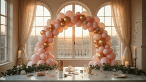 Balloon Arch Decorations: Everything I've Learned From Creating Show-Stopping Party Moments A wide-angle view of an elegant indoor celebration featuring a 9-foot dusty pink and gold balloon arch, soft light through tall windows, scattered balloon supplies on a marble surface, and rich textures with floral accents and candlelight.
