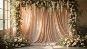 Backdrop Ideas Without Balloons: 15 Stunning Alternatives That'll Make Your Event Unforgettable Cinematic shot of elegant dusty rose chiffon draped over an ornate arch, decorated with white wisteria and eucalyptus, illuminated by warm golden hour sunlight, highlighting floral textures and creating a romantic ambiance with twinkling fairy lights.