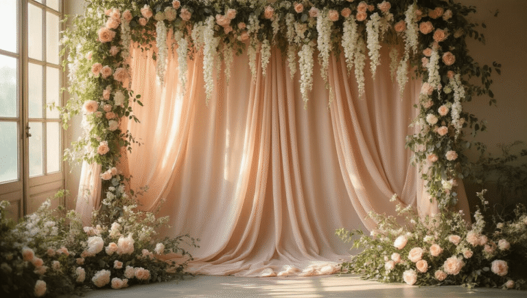 Backdrop Ideas Without Balloons: 15 Stunning Alternatives That'll Make Your Event Unforgettable Cinematic shot of elegant dusty rose chiffon draped over an ornate arch, decorated with white wisteria and eucalyptus, illuminated by warm golden hour sunlight, highlighting floral textures and creating a romantic ambiance with twinkling fairy lights.