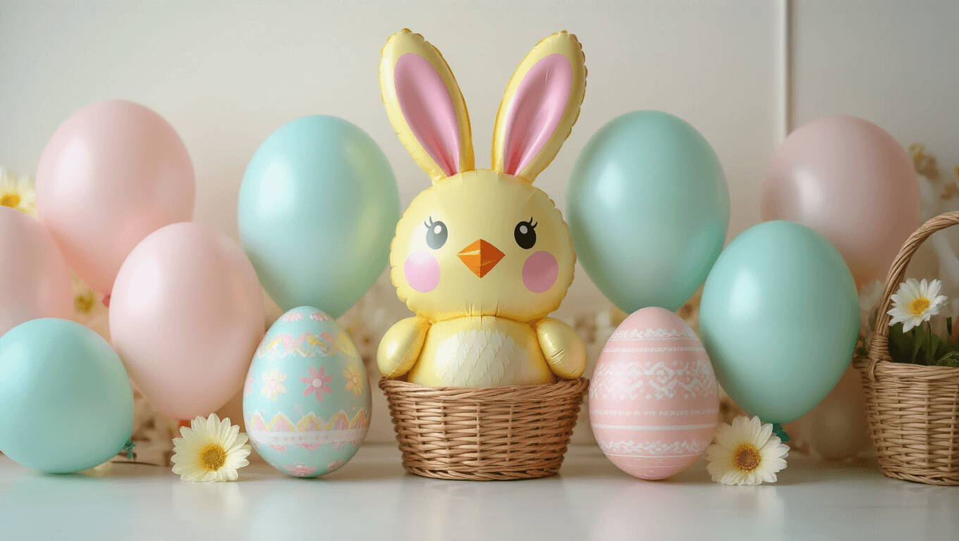 A close-up of an elegant Easter balloon arrangement featuring pastel bunny and chick designs, with foil and latex balloons in spring colors arranged as a garland against a clean white background, illuminated by warm golden hour lighting.