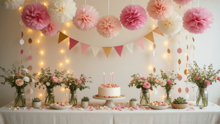 Beyond Balloons: Birthday Decorations That Won't Trash the Planet (Or Your Style) Elegant birthday party setup featuring cascading tissue pom-poms, colorful fabric bunting, fresh flowers in mason jars, and warm LED string lights, all in soft natural lighting.