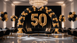 50th Birthday Balloon Decorations That'll Make You Want to Turn 50 Again Cinematic wide shot of a luxurious ballroom decorated for a 50th birthday, featuring black and gold balloon arches, elegant round tables with gold-rimmed glassware, oversized "50" number balloons, and a sophisticated color palette, all illuminated by warm chandelier light.