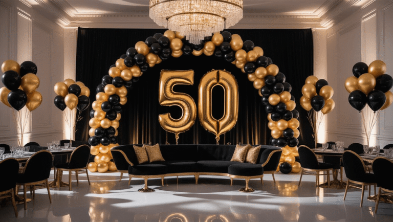 50th Birthday Balloon Decorations That'll Make You Want to Turn 50 Again Cinematic wide shot of a luxurious ballroom decorated for a 50th birthday, featuring black and gold balloon arches, elegant round tables with gold-rimmed glassware, oversized "50" number balloons, and a sophisticated color palette, all illuminated by warm chandelier light.