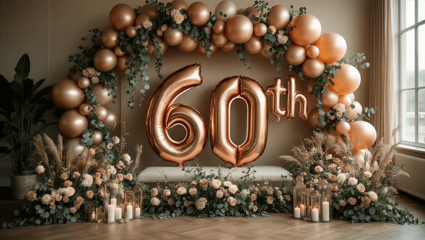 Elegant 60th birthday balloon arrangement with oversized rose gold foil number balloons, organic balloon garland in eucalyptus and champagne gold tones, luxurious silk linens, crystal glassware, and a candlelit ambiance, creating a sophisticated celebration atmosphere.