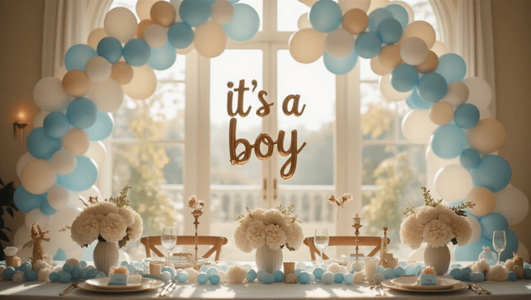 "It's a Boy" Balloons: Everything You Need to Know Before Your Baby Shower Elegant baby shower balloon display featuring pastel blue, white, and beige "It's a Boy" balloons and garland in a sunlit indoor setting, with soft natural lighting highlighting textures and hydrangea centerpieces, creating an inviting atmosphere.