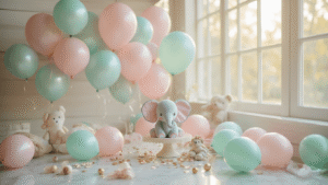 Baby Balloons: Everything You Need to Know Before Your Next Celebration Cinematic view of a sophisticated baby shower balloon arrangement featuring pastel pink, blue, and mint green foil balloons with baby elephant designs, scattered latex balloons, and delicate ribbons, set on a marble surface with soft natural lighting and a white wooden background, exuding a warm golden hour glow and a luxurious celebration atmosphere.