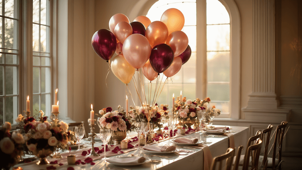 Everything You Need to Know About 17-Inch Balloons for Your Next Celebration Cinematic shot of an elegant celebration with clusters of jewel-toned and metallic 17-inch balloons, warm golden hour light, marble surfaces, silk table runners, crystal glassware, and rose petals, evoking an intimate party atmosphere.