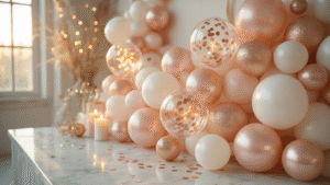 Cute Balloons That'll Make Your Party Actually Instagram-Worthy Cinematic close-up of a luxurious balloon garland in blush pink, ivory, and rose gold, featuring confetti-filled clear balloons, silk ribbons, and metallic foils, set on a marble surface with warm candlelight, showcasing varied balloon sizes and eucalyptus greenery accents in a soft bokeh background.