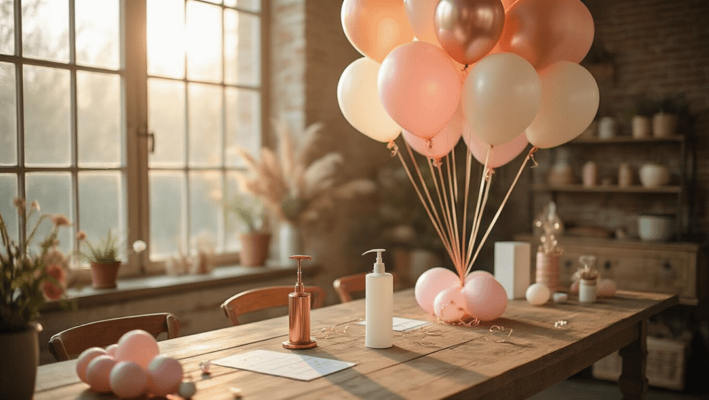 Linking Balloons: Everything You Need to Know About Creating Stunning Balloon Displays Cinematic wide-angle shot of an elegant balloon linking setup in rose gold, blush pink, and ivory on a rustic wooden table, with soft golden hour lighting and a warm atmosphere.
