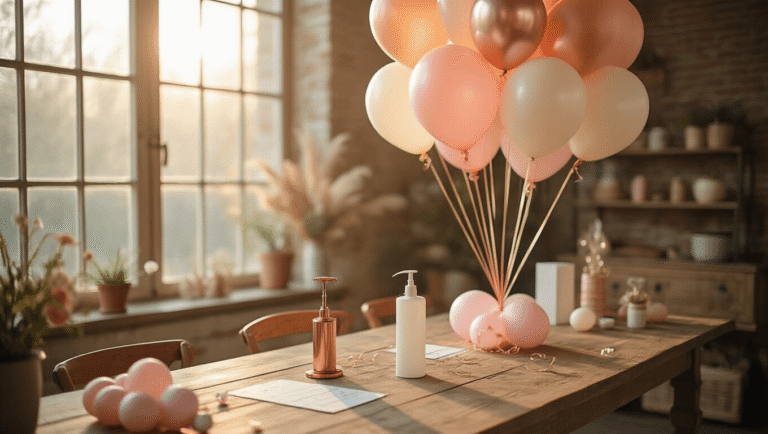 Linking Balloons: Everything You Need to Know About Creating Stunning Balloon Displays Cinematic wide-angle shot of an elegant balloon linking setup in rose gold, blush pink, and ivory on a rustic wooden table, with soft golden hour lighting and a warm atmosphere.