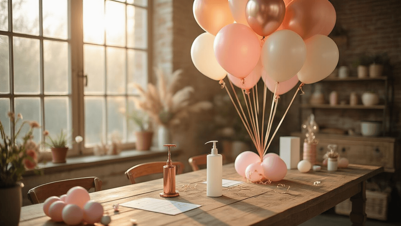 Cinematic wide-angle shot of an elegant balloon linking setup in rose gold, blush pink, and ivory on a rustic wooden table, with soft golden hour lighting and a warm atmosphere.