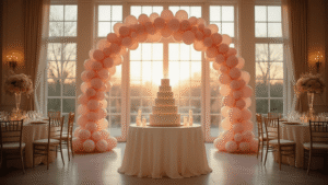Balloon Decoration Styles That'll Make Your Birthday Party Absolutely Unforgettable Elegant ballroom adorned with blush pink and cream balloon arch and garlands, warm golden hour light streaming through tall windows, showcasing sophisticated party ambiance with a three-tier birthday cake centerpiece and rich textures.
