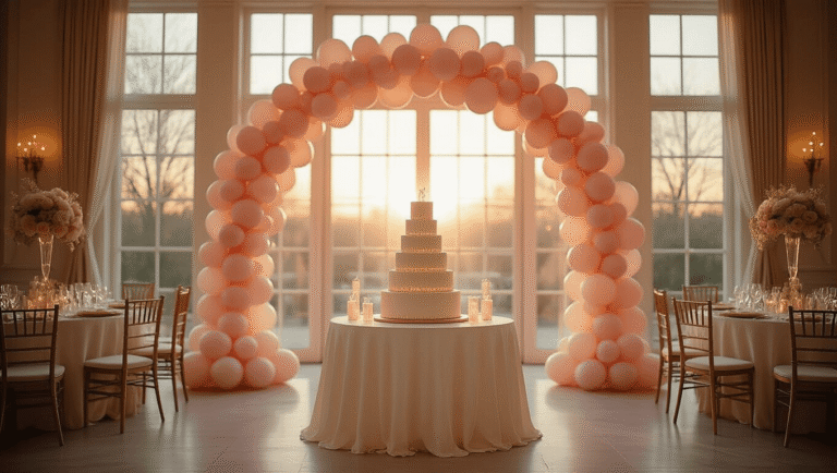 Balloon Decoration Styles That'll Make Your Birthday Party Absolutely Unforgettable Elegant ballroom adorned with blush pink and cream balloon arch and garlands, warm golden hour light streaming through tall windows, showcasing sophisticated party ambiance with a three-tier birthday cake centerpiece and rich textures.