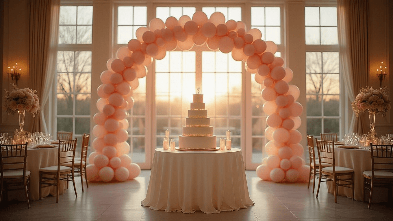 Elegant ballroom adorned with blush pink and cream balloon arch and garlands, warm golden hour light streaming through tall windows, showcasing sophisticated party ambiance with a three-tier birthday cake centerpiece and rich textures.