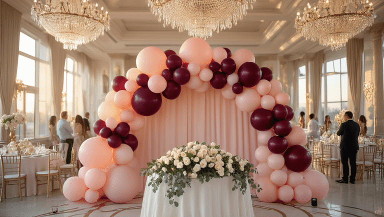 How to Create a Stunning Balloon Arch Backdrop That Won't Make You Want to Pop Cinematic wide-angle view of an elegant ballroom with a blush pink to burgundy ombre balloon arch backdrop, adorned tables with white roses, and warm sunlight highlighting the decor.