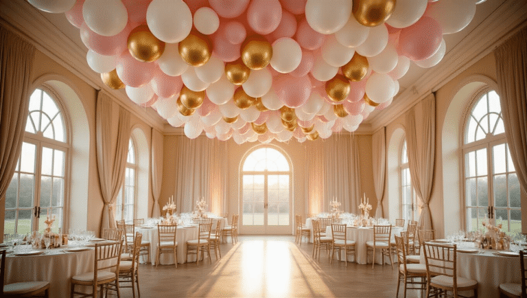 How to Hang Balloons from the Ceiling Without Losing Your Mind (Or Your Security Deposit) Elegant ballroom with a balloon ceiling installation featuring blush pink, white, and gold balloons under warm golden hour light, round tables with ivory silk linens, and soft candlelight.