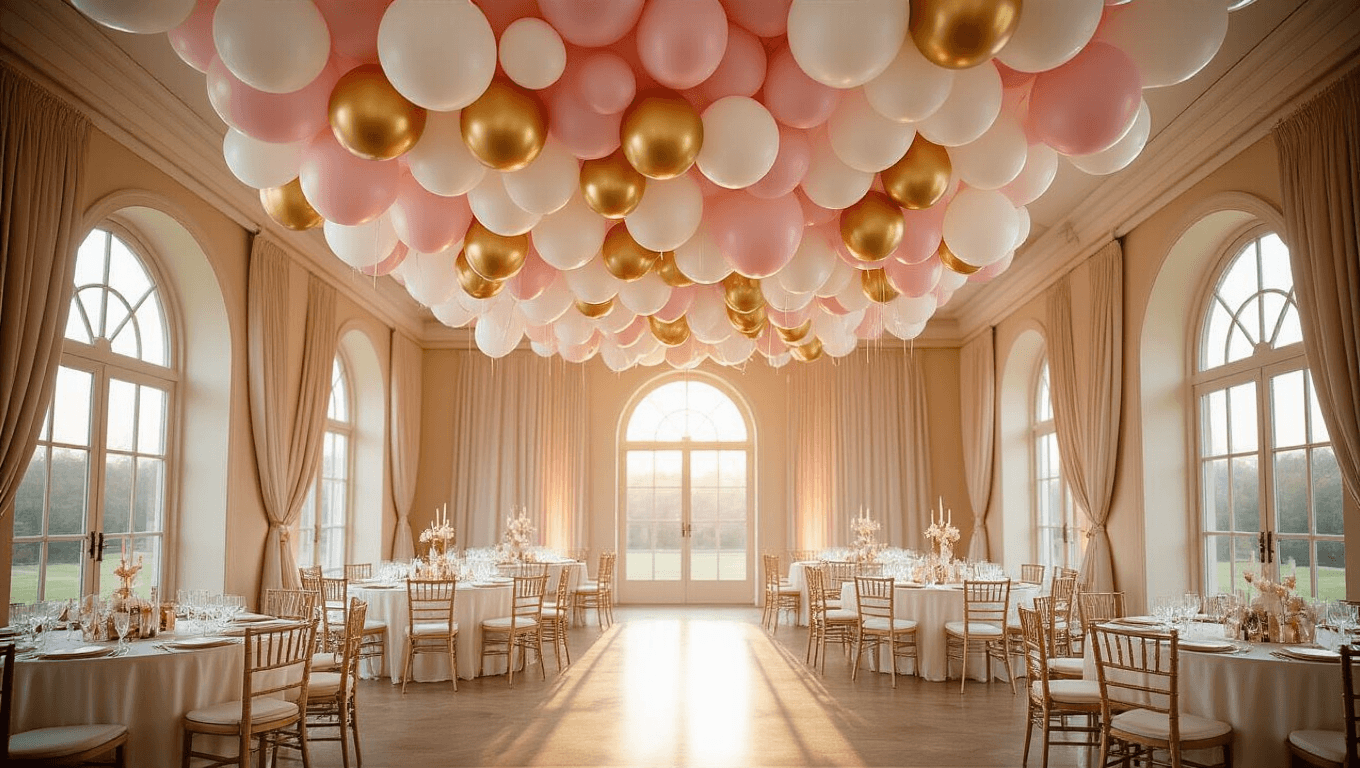 Elegant ballroom with a balloon ceiling installation featuring blush pink, white, and gold balloons under warm golden hour light, round tables with ivory silk linens, and soft candlelight.