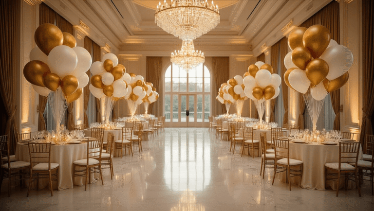 Balloon Types for Events: Everything You Need to Know Before Your Next Celebration Luxurious ballroom decorated with gold and ivory mylar balloons, elegant silk table linens, towering centerpieces, crystal chandeliers, polished marble floors, and warm ambient lighting, creating a romantic atmosphere for a high-end wedding celebration.