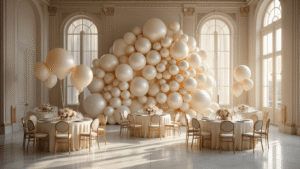How I Learned to Stop Settling for Basic Party Balloons and Create Actually Stunning Decor Cinematic wide shot of an elegant ballroom featuring a luxurious monochromatic balloon installation in cream and champagne tones, with golden hour light filtering through tall windows, illuminating marble floors and adorned round tables set with silk linens and low floral centerpieces.