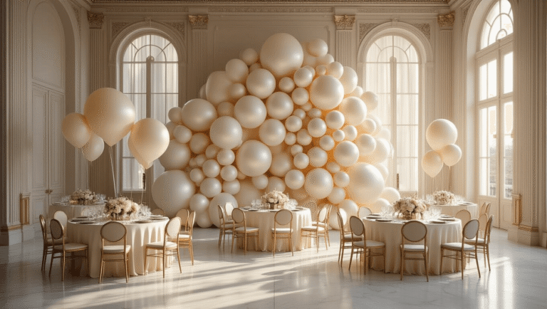 How I Learned to Stop Settling for Basic Party Balloons and Create Actually Stunning Decor Cinematic wide shot of an elegant ballroom featuring a luxurious monochromatic balloon installation in cream and champagne tones, with golden hour light filtering through tall windows, illuminating marble floors and adorned round tables set with silk linens and low floral centerpieces.