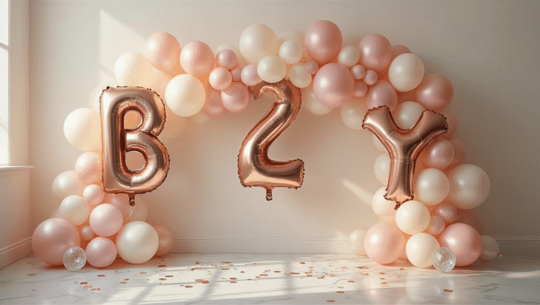 Where to Get Birthday Balloons: Your Complete Guide to Finding Perfect Party Decorations Elegant birthday balloon arrangement on a white marble surface, featuring rose gold foil number balloons, blush pink and ivory latex balloons, silk ribbons, crystal weights, and warm golden hour lighting with scattered confetti.