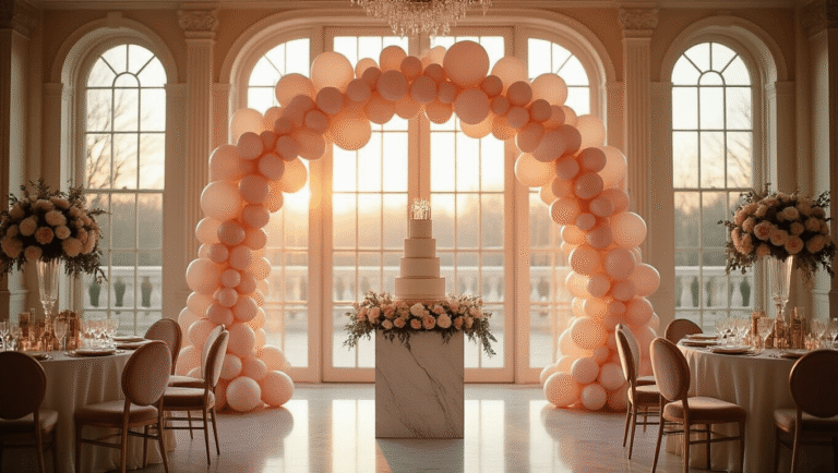 Transform Your Birthday Party with Stunning Balloon Decorations: A Complete Guide Elegant birthday ballroom decorated with cascading blush pink and ivory balloon arch, warm golden hour lighting, silk table linens, balloon garland centerpieces, and crystal votives. Features champagne velvet chairs, confetti-filled balloons, a tiered cake display, and eucalyptus with white rose accents, creating a luxurious and inviting atmosphere.