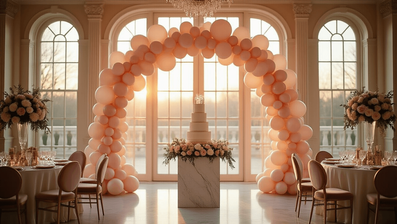 Elegant birthday ballroom decorated with cascading blush pink and ivory balloon arch, warm golden hour lighting, silk table linens, balloon garland centerpieces, and crystal votives. Features champagne velvet chairs, confetti-filled balloons, a tiered cake display, and eucalyptus with white rose accents, creating a luxurious and inviting atmosphere.