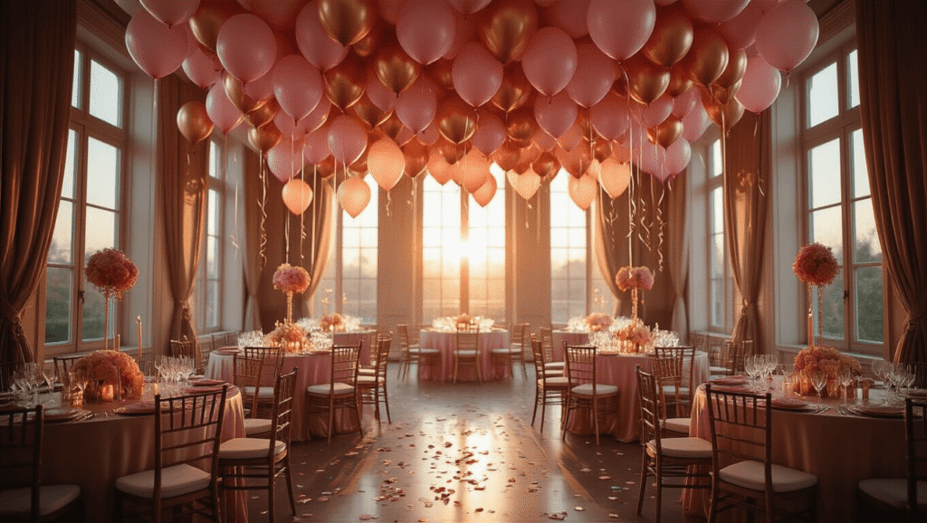 Helium Balloons for Birthday Celebrations: Your Complete Guide to Party-Perfect Floating Fun Cinematic wide shot of an elegant birthday ballroom adorned with rose gold and blush pink helium balloons, silk-draped tables glowing with golden candlelight, and shimmering balloon textures, creating an intimate and luxurious party atmosphere illuminated by soft golden hour light.