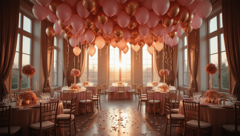 Helium Balloons for Birthday Celebrations: Your Complete Guide to Party-Perfect Floating Fun Cinematic wide shot of an elegant birthday ballroom adorned with rose gold and blush pink helium balloons, silk-draped tables glowing with golden candlelight, and shimmering balloon textures, creating an intimate and luxurious party atmosphere illuminated by soft golden hour light.