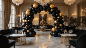 Black Balloons: The Ultimate Guide to Styling Your Next Event Like a Pro Cinematic wide shot of an upscale event space featuring a black balloon arch with gold accents, soft ambient lighting, marble cocktail tables with champagne glasses, and luxurious velvet seating, creating an elegant and inviting atmosphere.