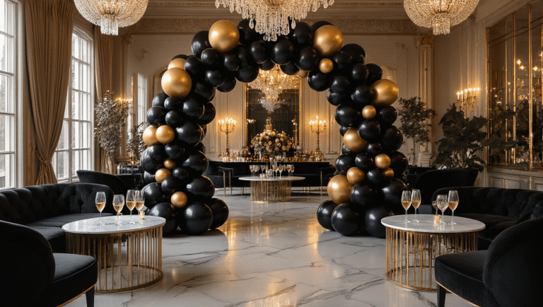 Black Balloons: The Ultimate Guide to Styling Your Next Event Like a Pro Cinematic wide shot of an upscale event space featuring a black balloon arch with gold accents, soft ambient lighting, marble cocktail tables with champagne glasses, and luxurious velvet seating, creating an elegant and inviting atmosphere.