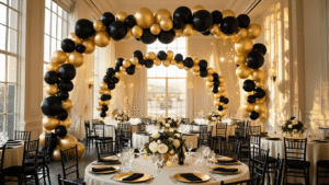 Black and Gold Balloons: Everything You Need to Know About These Showstopping Party Decorations Cinematic wide-angle view of an elegant ballroom decorated with cascading black and gold balloon garlands, warm sunlight illuminating ivory silk tablecloths, crystal glassware, and LED string lights, with black Chiavari chairs surrounding polished tables on reflective hardwood floors.