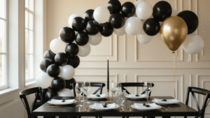 Black and White Balloons: Your Complete Guide to Timeless Party Elegance Cinematic wide-angle view of an elegant black and white balloon party setup, featuring a matte black and glossy white balloon arch over a modern dining table, illuminated by golden hour light, with crystal glassware on white linens against a dark wood table, floating helium balloons with silk ribbons, and warm string lights creating a luxurious atmosphere.