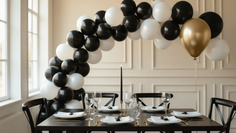 Black and White Balloons: Your Complete Guide to Timeless Party Elegance Cinematic wide-angle view of an elegant black and white balloon party setup, featuring a matte black and glossy white balloon arch over a modern dining table, illuminated by golden hour light, with crystal glassware on white linens against a dark wood table, floating helium balloons with silk ribbons, and warm string lights creating a luxurious atmosphere.