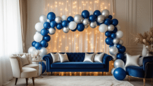 Blue Balloon Aesthetics: Why I'm Obsessed With This Dreamy Decor Trend Elegant living room decorated with navy blue, silver, and white balloon garland, warm golden hour light streaming through sheer curtains, and cozy decor featuring plush velvet seating, silk table runners, and fairy lights.